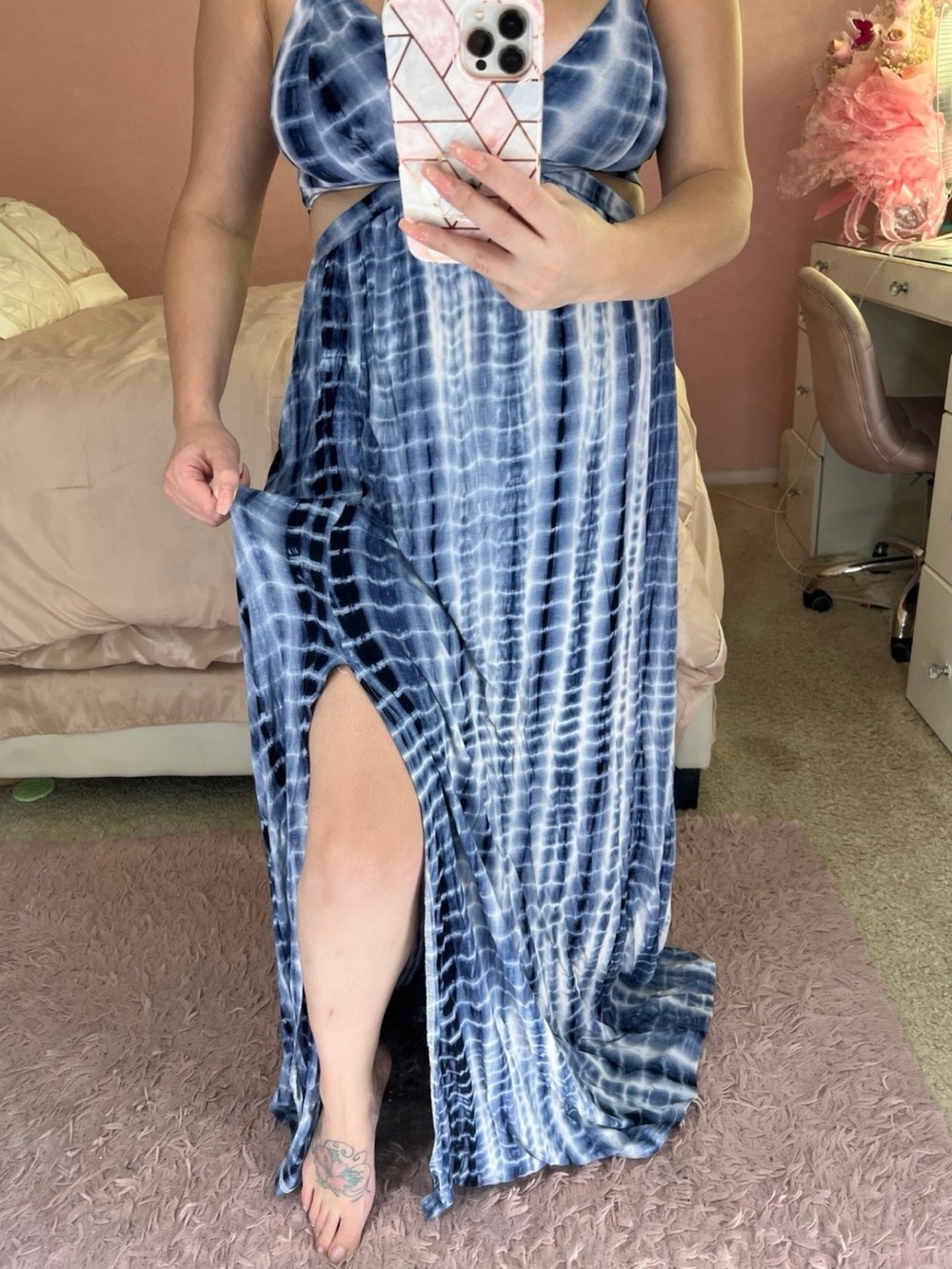 privy Navy and White Tie-Dye Maxi Dress with Side Slit